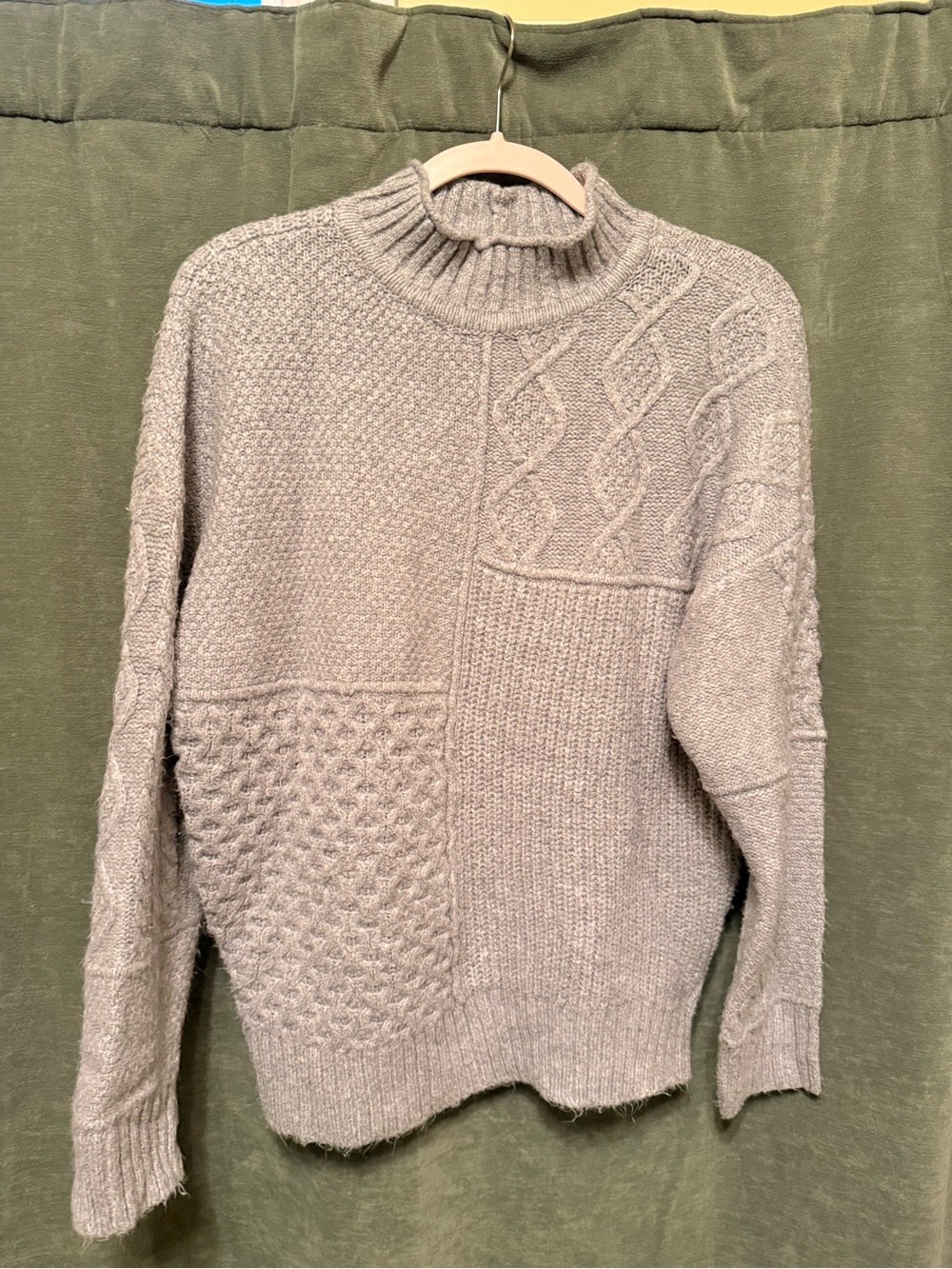 American Eagle Outfitters Light Gray Patchwork Cable Turtleneck Sweater